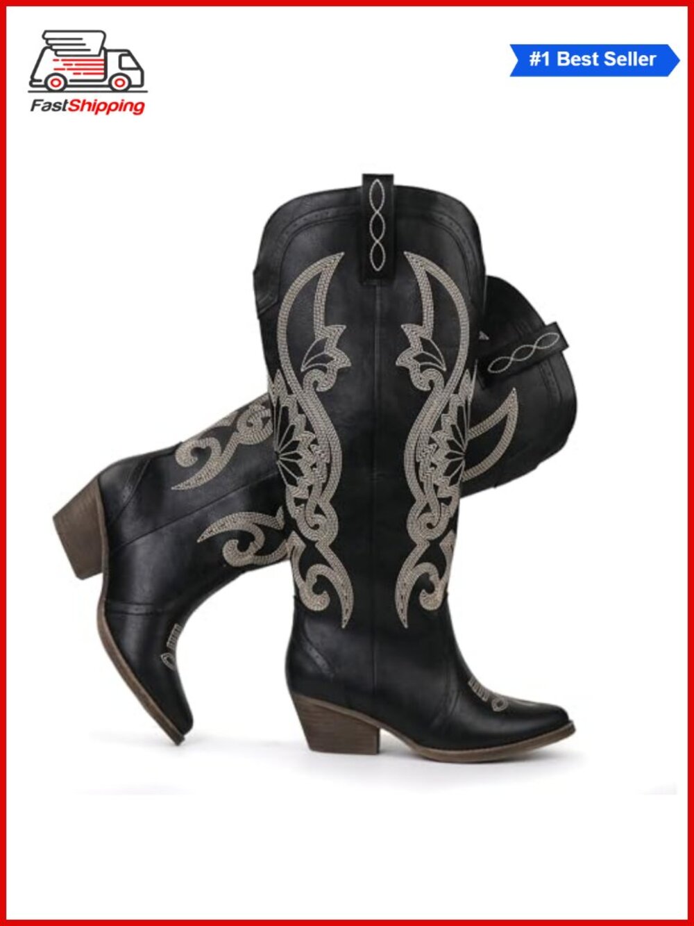 ✨Hawkwell Women's Faux Leather Western Cowboy Boots Pointed Toe Block Heel Knee